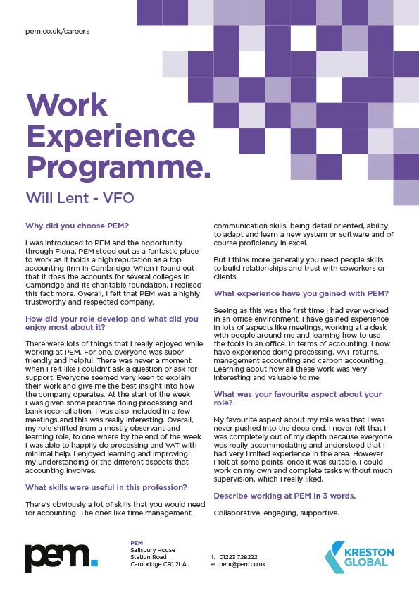 Work Experience Feedback - Will Lent